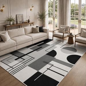 5x7 Modern Area Rug for Living Room Bedroom, Large Washable No-Shedding Faux Wool Geometric Carpet, No-Slip Low-Pile Indoor Decor Rugs for Nursery Dinner Room Office Playroom Dorm(Bauhaus Grey)