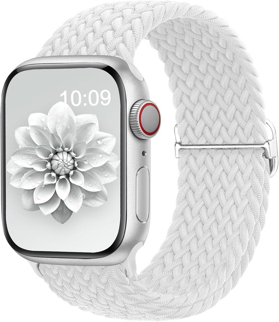 Stretchy Braided Solo Loop Straps Compatible with Apple Watch Bands for Women Men B-White, 44mm/45mm/46mm/49mm/42mm(Series 3 2 1)