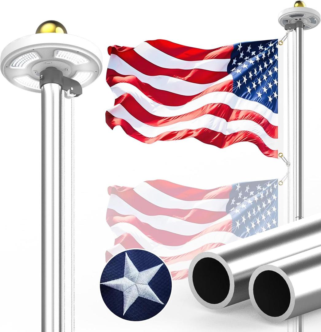 100MPH 12 Gauge Flagpole Kit with Solar Light and Flag 2mm Thick, Heavy Duty Flag Pole Holder with Light Solar Powered, Flagpole Kit 20FT Silver with Pulley and Rope, for Outside House