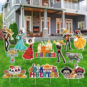 Amyhill 12 Pcs Day of the Dead Yard Decorations Halloween Outdoor Signs Decorations Dia De Los Muertos Decor Sugar Skull Sign Waterproof Mexican Fiesta Festival Party Supplies for Garden Lawn Patio