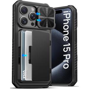 ATATOO for iPhone 15 Pro Case Wallet, Built-in Card Holder(Store 4-5 Cards) & Slide Camera Cover & Kickstand, Military Grade Protection, Rugged Silicone Case for 15 Pro 6.1" 2024, Black