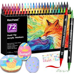 72 Colors Acrylic Paint Markers, Dual Tip with Fine Tip and Brush Tip Pens for Stone, Wood, Canvas, Glass, Ceramic, Metal, Rock, Fabric, DIY Art Projects