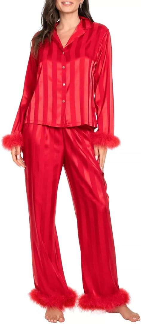 Lordree Women Satin Pajamas Set Feather Trim Long Sleeve Shirt + Pants Heart Print Silk 2 Piece Pjs Set Sleepwear (Medium, Striped Red)