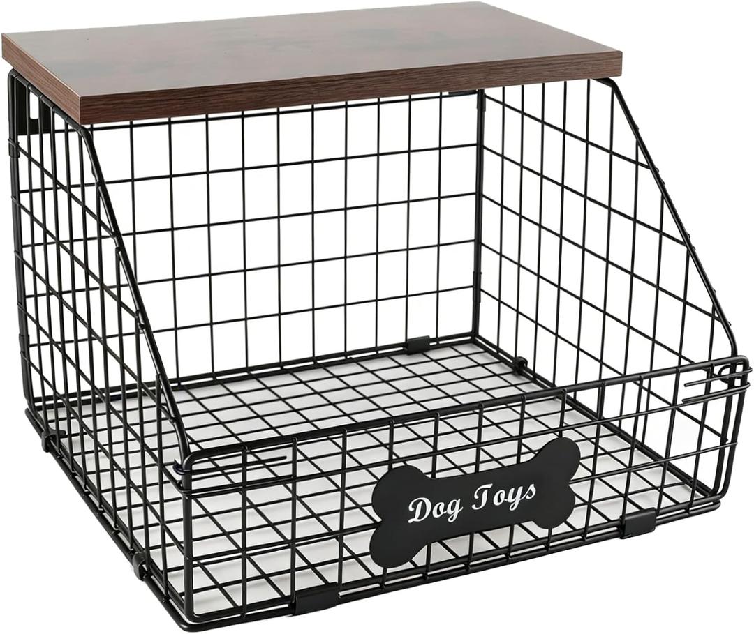 Metal Dog Toy Basket (11.8"x12"x8"),Dog Storage Organizer,Trapezoid Dog Toy Bin for Dog Accessories,Pet Stuff Storage Rack with Wood Shelf-Sturdy and Easy to Assemble