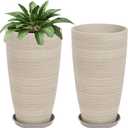 Neoaider Set of 2 Tall Planter, 21 inch Large Plastic Planter with Drain Hole & Saucers, Large Outdoor Planters for Porch, Garden, Patio, Balcony(Oat Color)