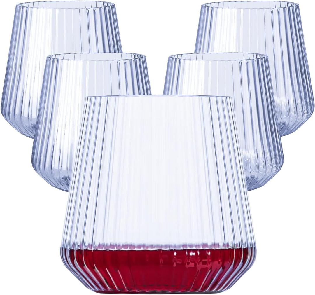 Lueumxc 40 Pack Plastic Ribbed Wine Glasses, 14Oz Origami Disposable Wine Glasses Unbreakable Clear Plastic Cocktail Glasses Recyclable Shatterproof Reusable Wine Cups (14oz-blue-40pack)