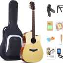 Rosen G31 Dreadnought Acoustic Guitar Soild Spruce Top 41 Inch Guitarra Full Size Cutaway with Gloss Finish Bundle Starter Kit with Gig Bag, Strings, Strap, and Picks, Natural