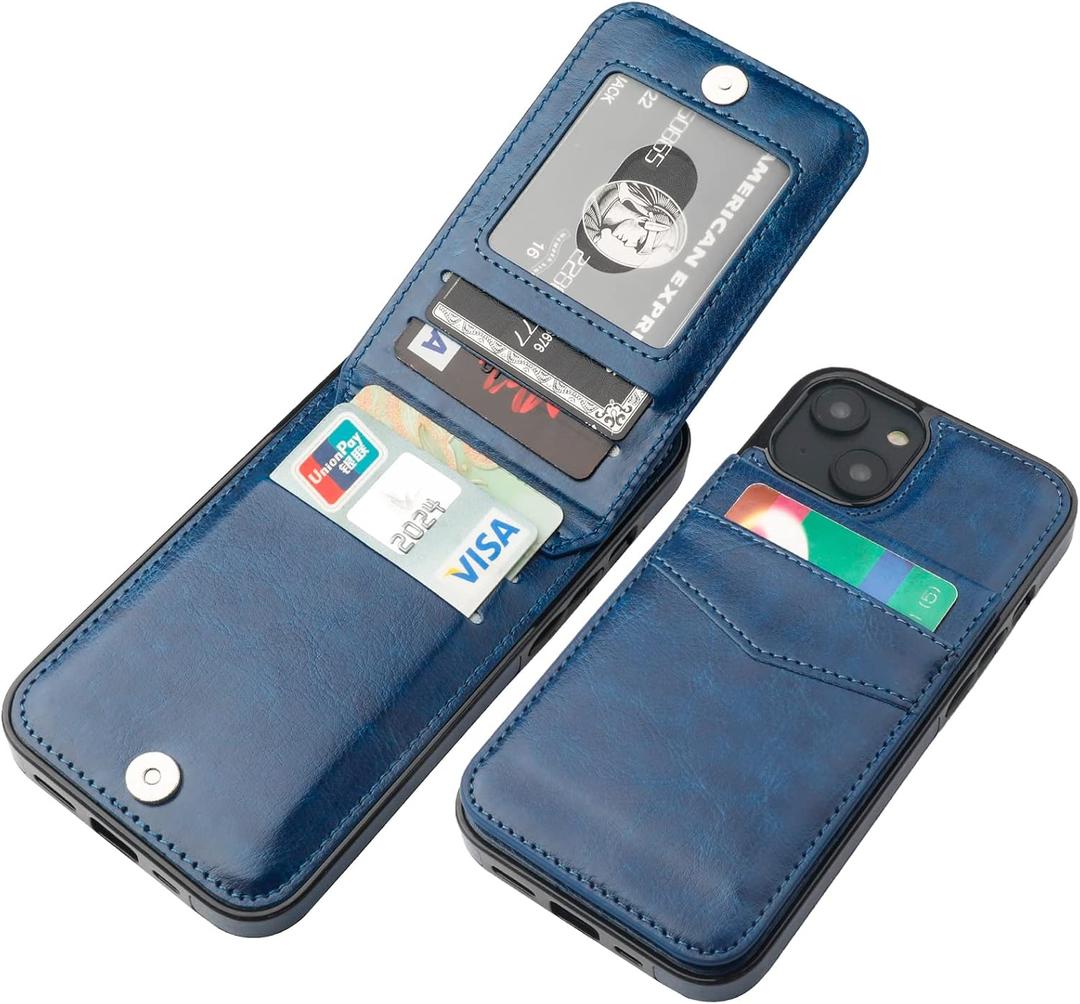 KIHUWEY Compatible with iPhone 14 Case Wallet with Credit Card Holder, Flip Premium Leather Magnetic Clasp Kickstand Heavy Duty Protective Cover for iPhone 14 6.1 Inch (Blue)