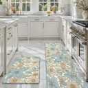 DEXI Kitchen Mats for Floor 2 Piece Set, 17x29+17x59, Cushioned Standing Mat Anti Fatigue, Waterproof Comfort Floral Padded for Laundry Room Office, Blue