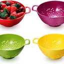 Baderke 4 Pack Mini Colander for Kitchen Plastic Berry Strainer with Double Handles 7.5 x 6 x 3 Inch Small Colander Strainer for Fruits Vegetables Food(Green, Red, Blue, Lemon Yellow)
