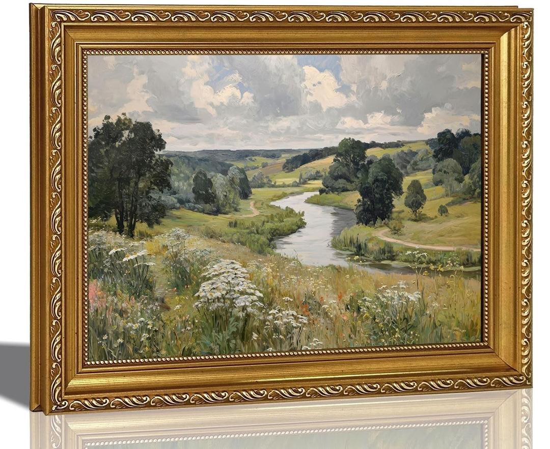 Vintage Gold Framed Canvas Wall Art Natural Valley Pastoral Scenery Painting, 24"x16"