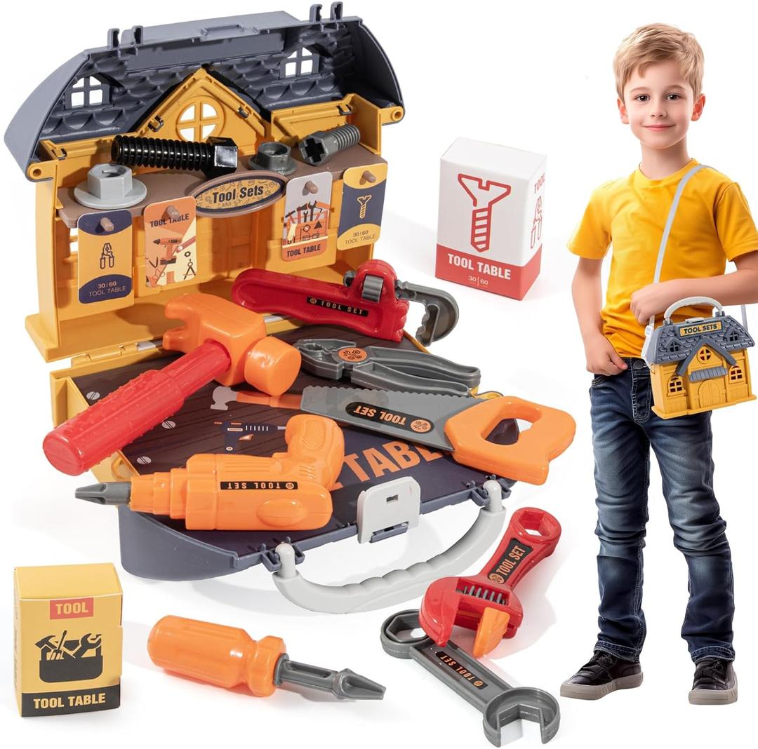 Portable Kids Tool Set, Pretend Play Tool Kit for Toddlers Age 3-5, Pretend Construction Playset with Toy Drill, Toolbox, Nuts, Bolts & Tools, Birthday Gift for 3 4 5 Year Old Boys