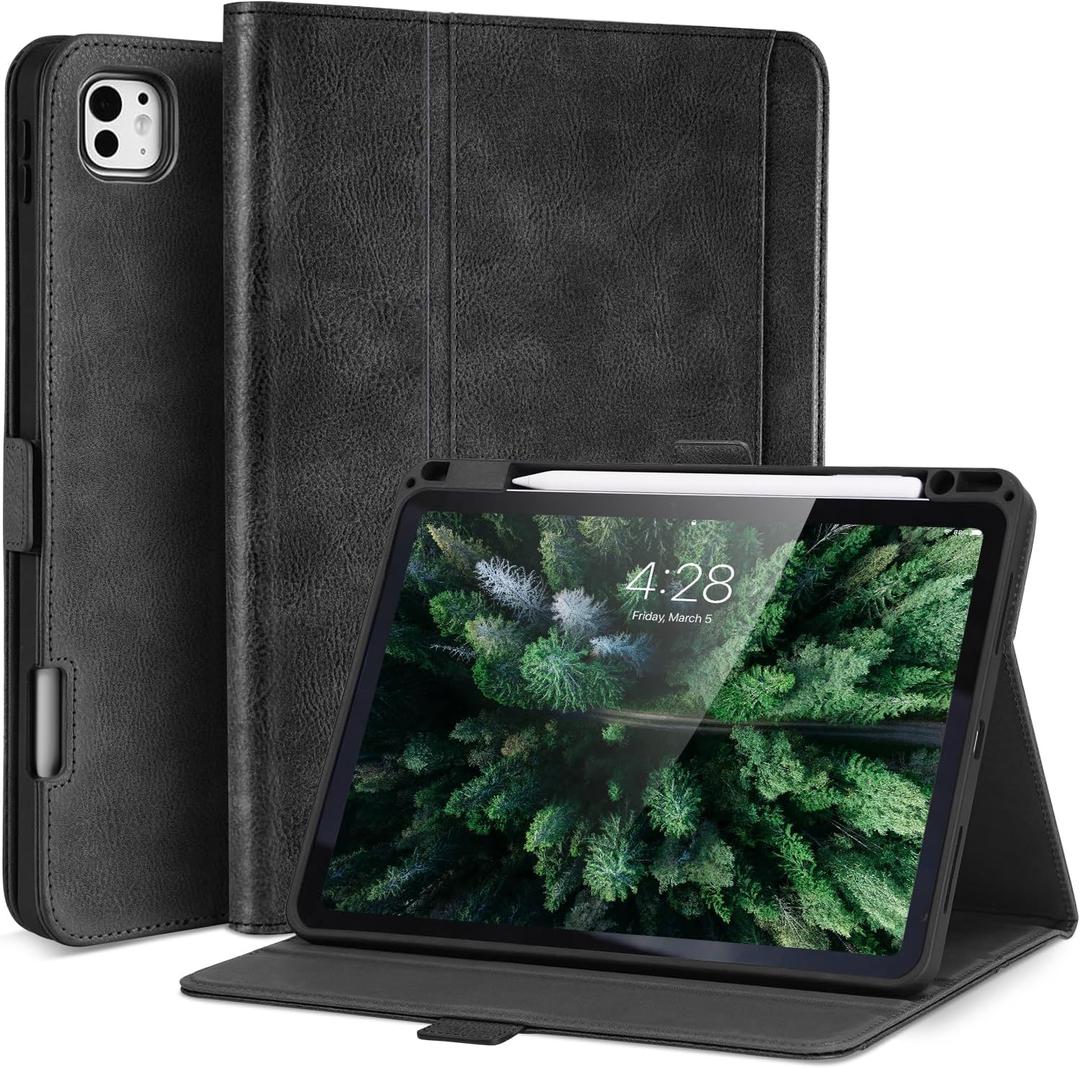 Handmade Case for iPad Pro 13 Inch (M5/M4) 2025/2024 with Pencil Holder Pocket,Magnetic Closure,Auto Sleep/Wake,Vegan Leather Folio Protective Cover,Multi Angles Stand,Black