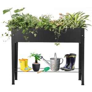 Piksedo Raised Garden Bed, Elevated Planter Metal Plant Box with Legs Standing Garden Stand Drainage Holes Frosted Black, 39.37" L x 10.63" W x 31.5" H