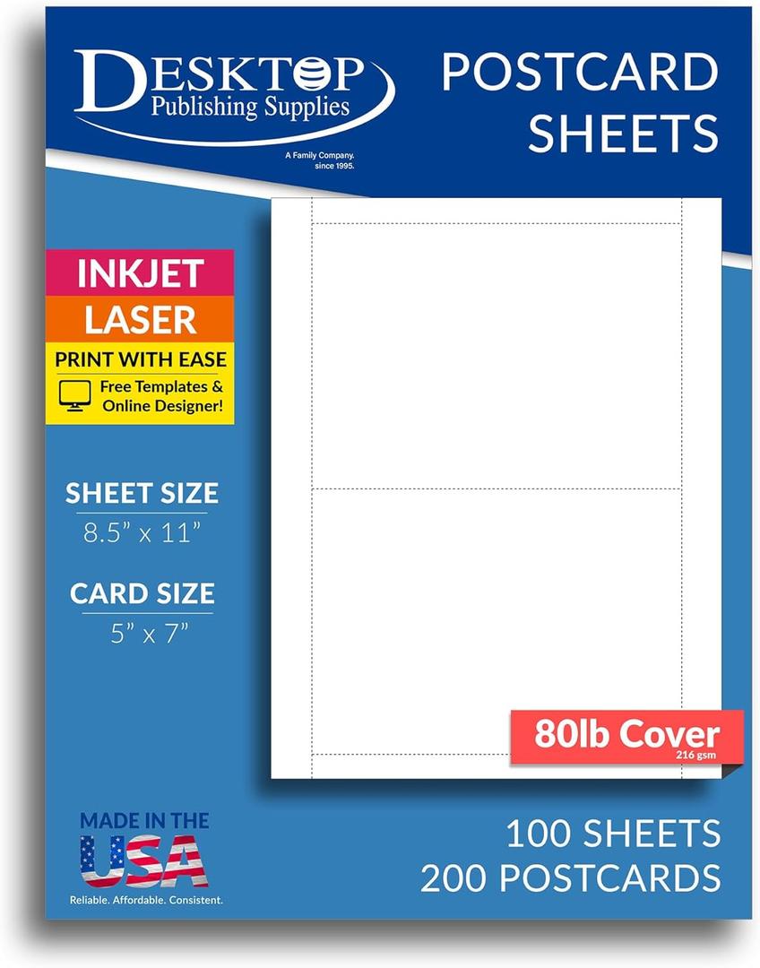 80lb White 5" x 7" Postcards - 100 Sheets / 200 Postcards