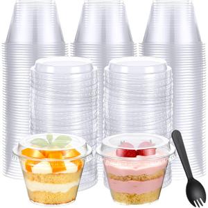 200 Pack Clear Plastic Cups 6 oz Dessert Yogurt Parfait Banana Pudding Pet Disposable Cups with 200 Pcs Sporks for Fruit Ice Cream Party