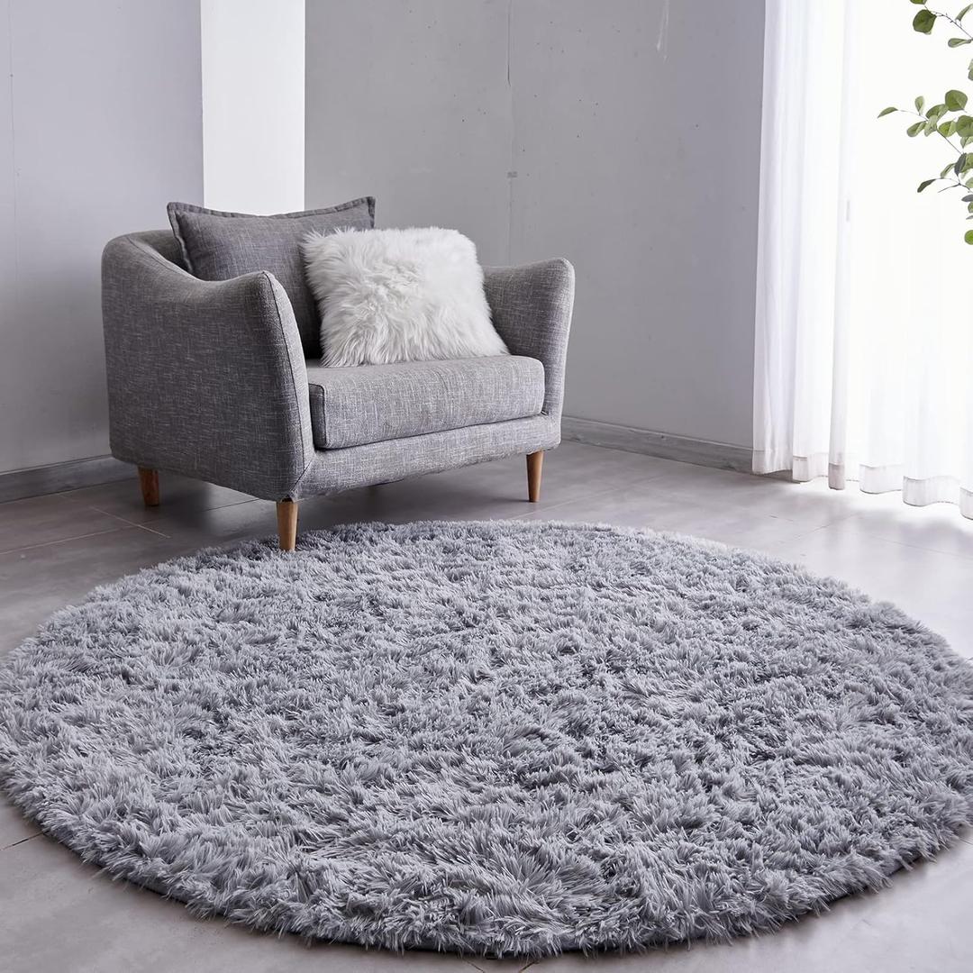 FJZFING Grey Round Rug Ultra-Soft Plush Modern 6x6 Circle Area Rug for Kid's Bedroom, Fluffy Shag Circular Rug for Nursery Room, Non-Slip Home Decor Cute Grey Carpet for Teen's Room