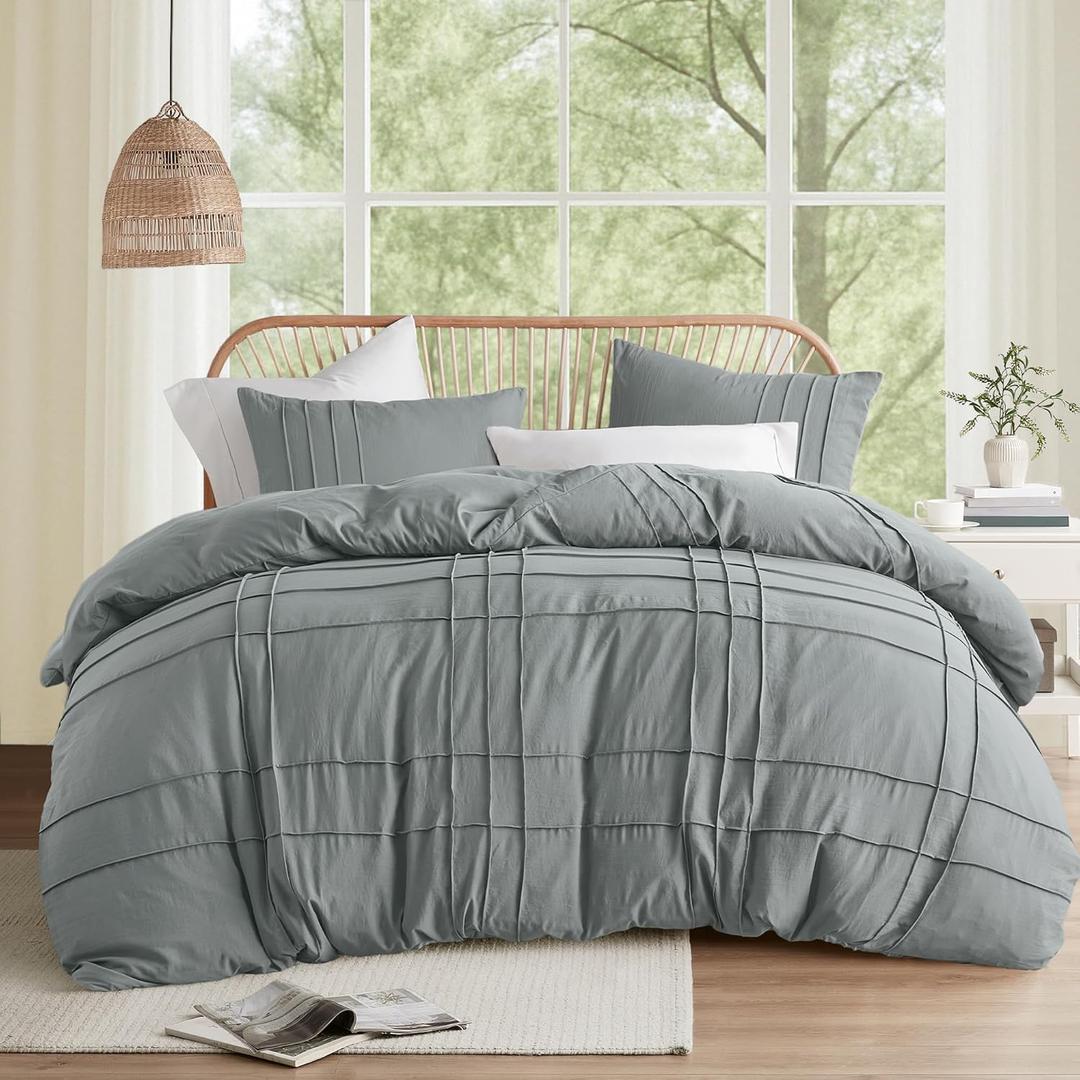 Comfort Spaces Blue/Grey Twin Size Duvet Cover Set - 2 Piece Pintuck Pleated Duvet Cover, All Season Lightweight, Extra Softness Pre-Washed Microfiber Bedding Cover Shams