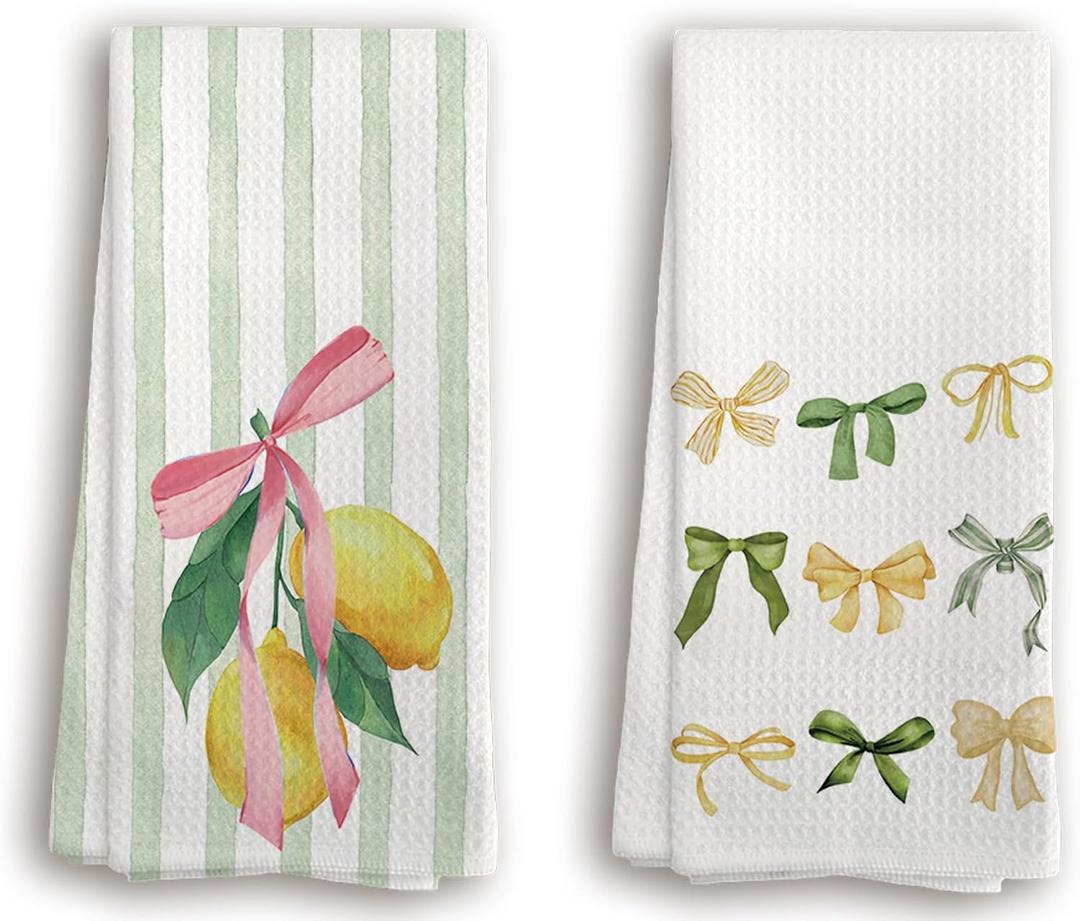 Sweet Lemon Pink Bow Summer Kitchen Towels, Lemon Kitchen Towels for Bathroom, Summer Decorations for Home Set of 2