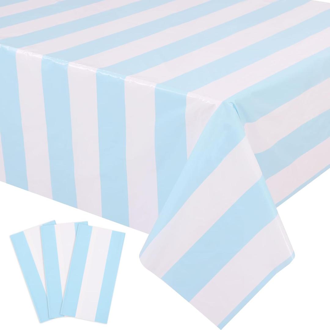 Kesfey 3 Packs Light Blue and White Striped Table Cloth 54 x 108 Inches Bluey Stripe Table Cover Disposable Plastic Beach Tablecloths Waterproof Rectangle Picnic Tablecover for Pool Birthday Party