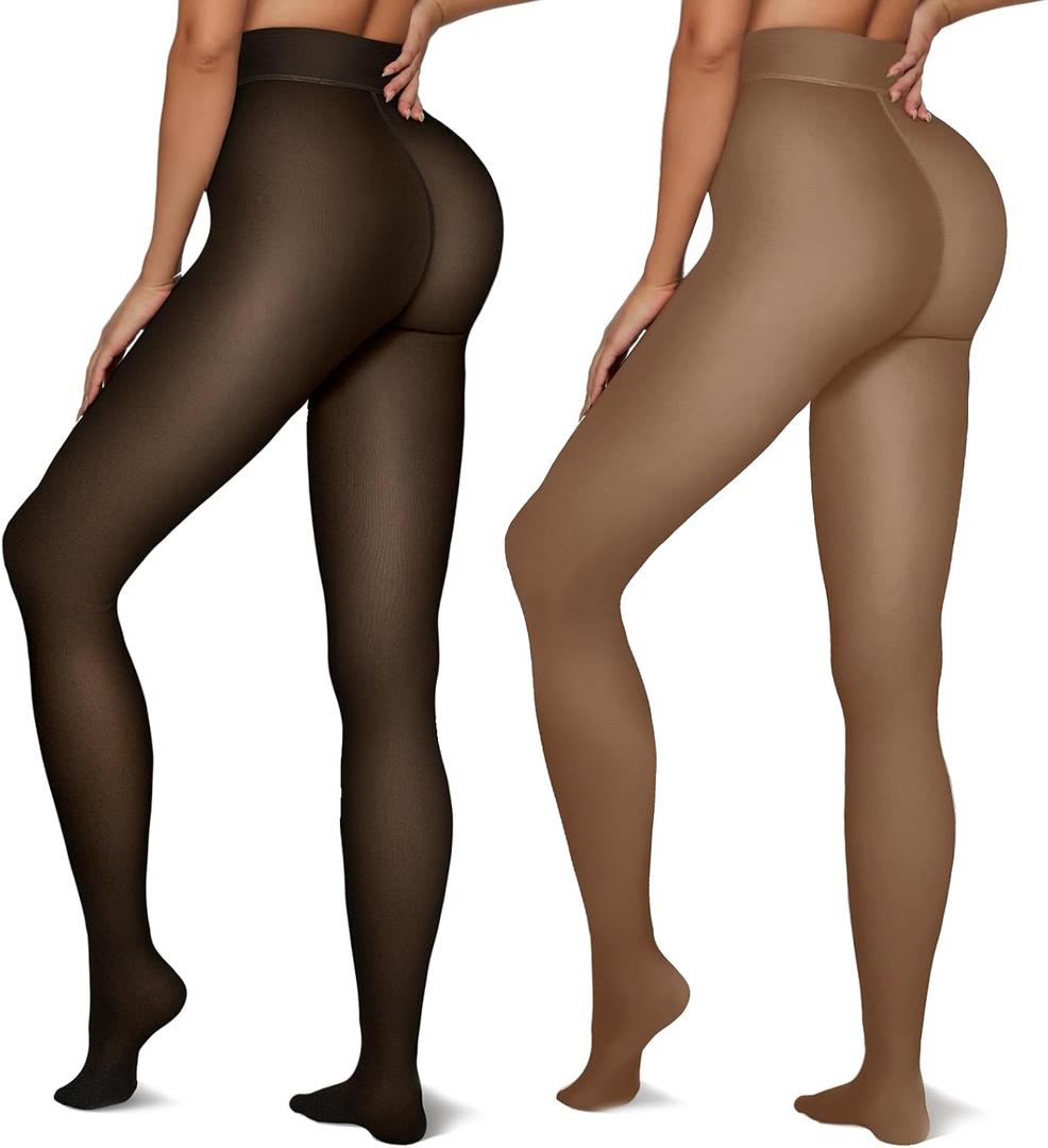 Vertvie 2 Pairs Fleece Lined Tights Women Crotch One Seam Line Warm Sheer Pantyhose Fake Translucent Thermal Thick Leggings (Large-X-Large, Black Sheer-skin + Coffee Sheer-skin)