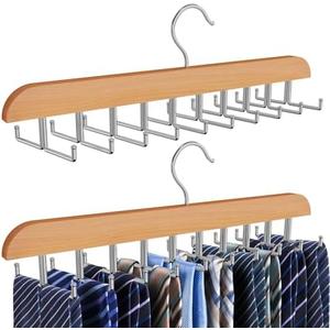 Cycleacc Tie Rack Hanger for Closet, 2 in 1 Belt Tie Hangers with 20 Folding Hooks, 360 Degree Rotating Wooden Tie Holder Organizer for Men Ties Belts Scarves Tank Tops Accessories, Wood (1 Pack)