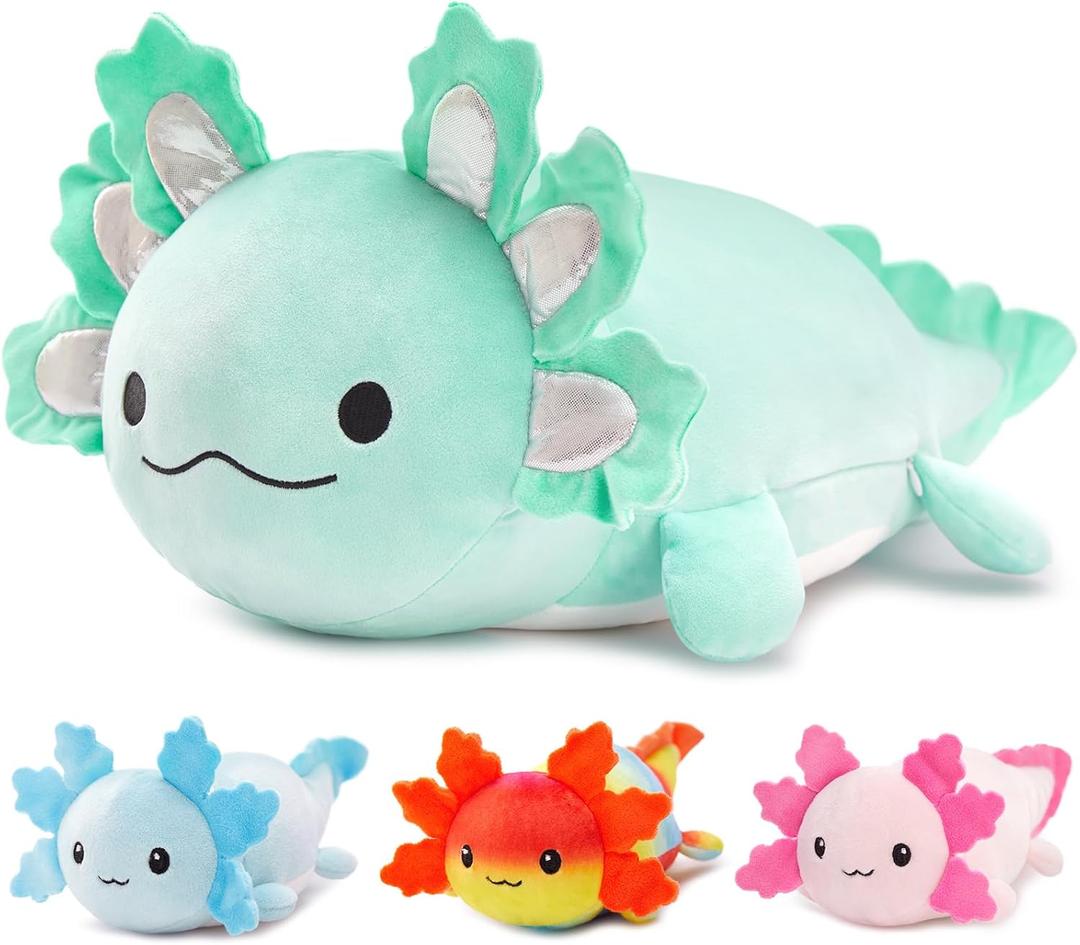 4Pcs Axolotl Plush, Giant Mint Salamander Stuffed Animal Mommy 24 inch with 3 Baby Axolotl Plushies in Tummy, Plushie Pillow Gifts for Kids Girls Boys