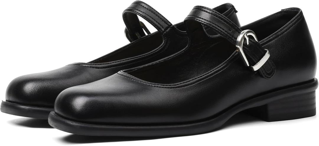 Mary Jane Flats with Adjustable Ankle Strap Womens Slip on Mary Janes Dressy Comfortable Square Toe Ballet Flats Shoes for Women Dance Shoes (6, Black)