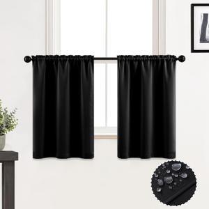 XTMYI Waterproof Fabric 30 Inch Curtains for Bathroom Kitchen Window,Mini Shower Small Short Blackout Tier Curtain Panels,Set of 2,60 Inch Wide,Black