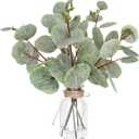 Artificial Eucalyptus Stems in Glass Vase with Faux Water,5Pcs Fake Plant with Double-Sided Leaves and Green Seeds for Centerpiece (Double-Sided Green Eucalyptus with Seed)