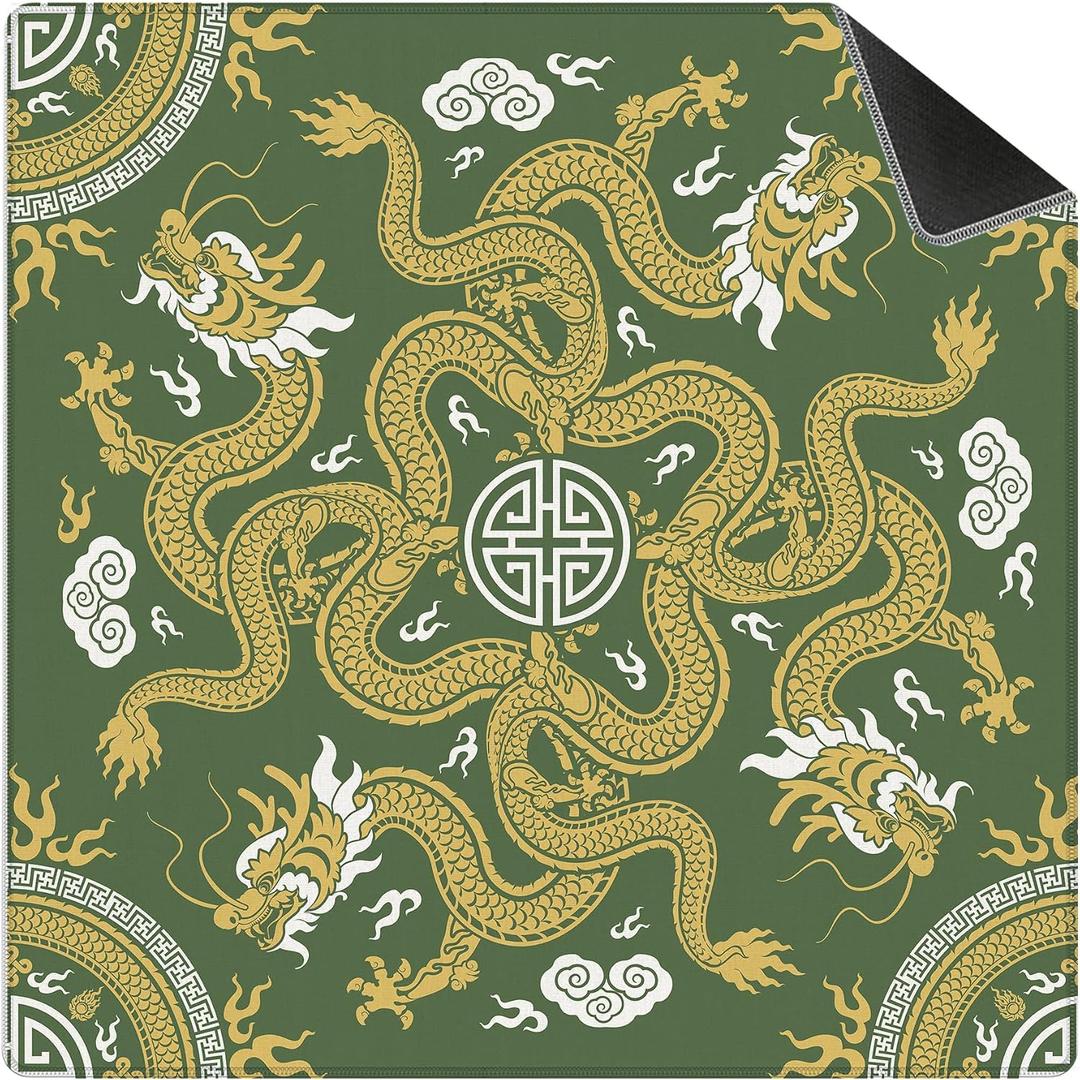Green and Yellow Chinese Dragon Mahjong Mat 31.5 x 31.5 in, Green Dragon Mahjong Gifts for Women, Vintage Oriental Chinoiserie Home Decor Anti-Slip Table Cover Tablecloth
