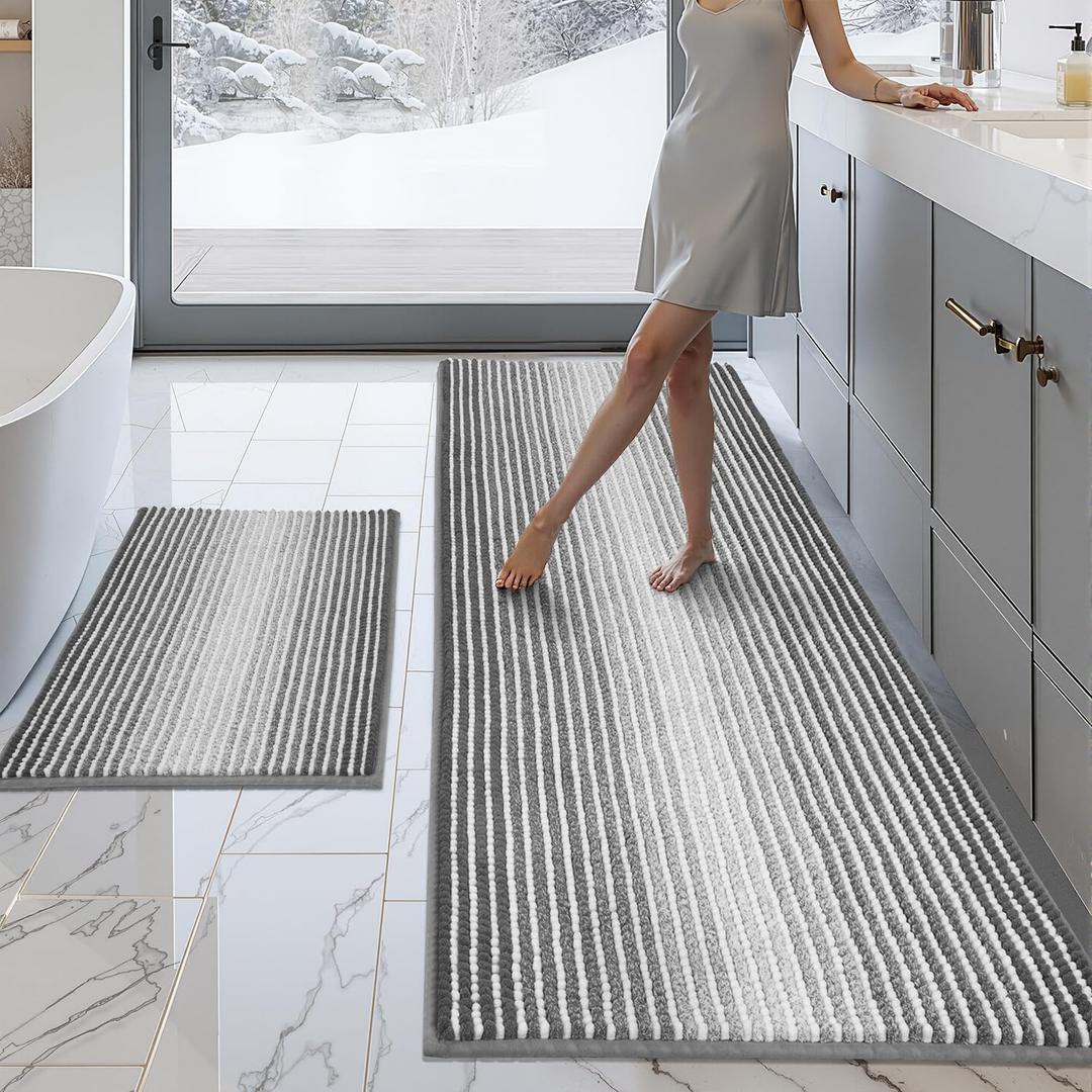 BSICPRO Bathroom Rugs and Mats Sets, 2 Piece Thick Absorbent Chenille Bath Mat Rug Set Non Slip, Soft Shaggy Bath Room Floor Mats for Bathroom, Machine Washable (Gray, 24" x 70" Plus 20" x 32")