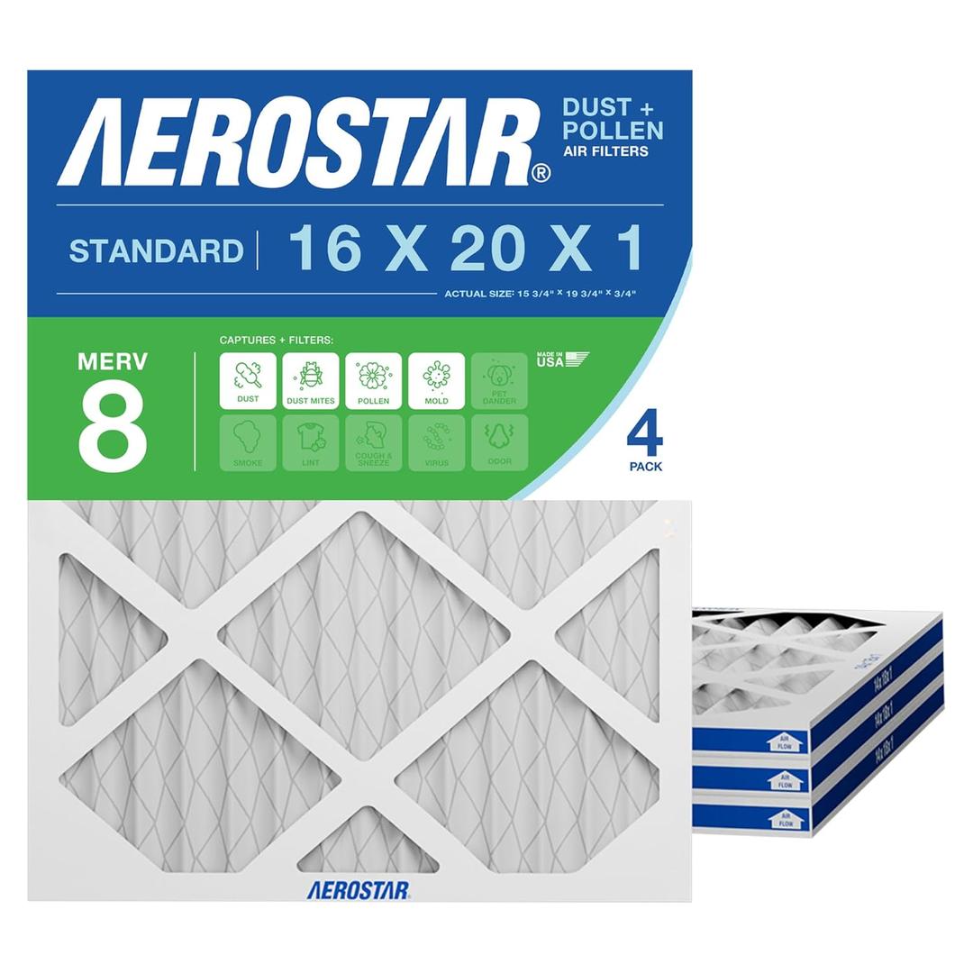 Aerostar 16x20x1 MERV 8 - 4 Count - Pleated HVAC, Furnace & Air Conditioner Filters - Removes Dust, Lint, Mold & Allergy-Causing Pollen
