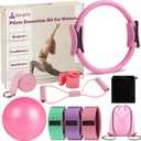 Home Pilates Kit for Women Pilates Equipment Ring and Ball Set Magic Circle Hoop with 5 Resistance Bands Compact Toning Fitness Essentials Starter Set Accessories (Pink)
