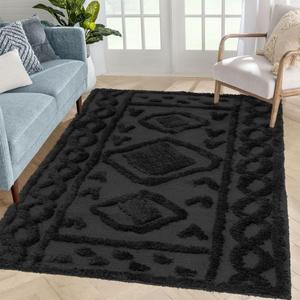 Boho Area Rug 3'x5' Tufted Cotton Rug Accent Beside Rugs Farmhouse Washable Cream Bohemian Throw Carpet for Hallway Bedroom Kitchen Laundry Living Room Bathroom Black