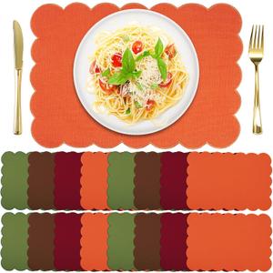 LemonRoad 16 Pcs Boho Linen Placemats Set 13" x 19" Elegant Scalloped Double Layered Placemats Farmhouse Christmas Washable Rustic Dining Table Decoration Heat Resistance(Vintage Color)