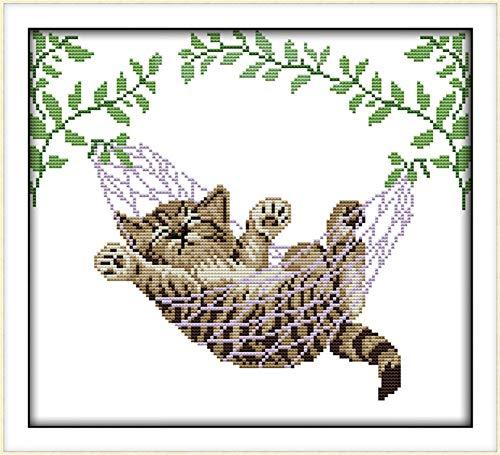 Cross Stitch Kits, A Cat on a Basket Animals Awesocrafts Easy Patterns Cross Stitching Embroidery Kit Supplies Christmas Gifts, Stamped or Counted (Cat, Counted)