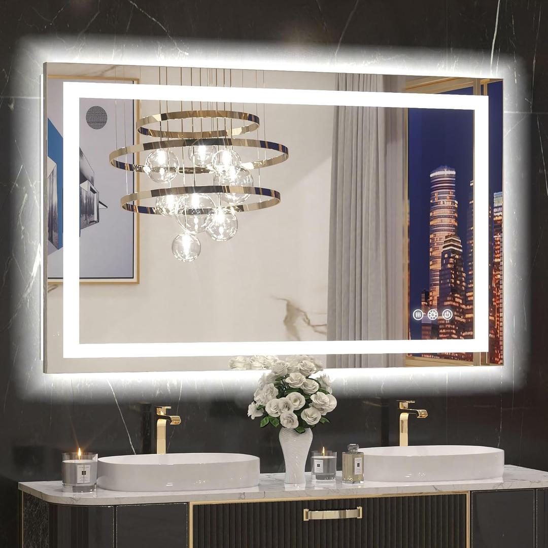 TETOTE LED Bathroom Mirror with Lights 40x24 Inch Frontlit & Backlit Lighted Vanity Mirror Anti Fog Stepless Dimmable White/Warm/Natural, CRI90+ Double Lights, Wall-Mounted (Horizontal/Vertical)