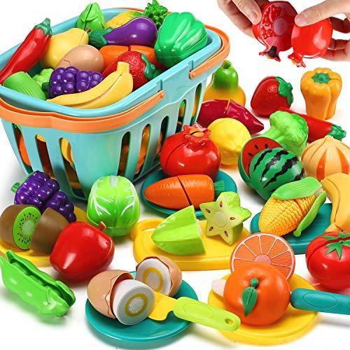 Cutting Play Food Toy for Kids Kitchen, Pretend Fruit &Vegetables Accessories with Shopping Storage Basket, Plastic Mini Dishes and Knife, Educational Toy for Toddler Children Birthday Gift