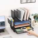 LEKETREE Desk Organizers and Accessories, 3-Tier Paper Organizer with 5 Vertical File Holders, File Organizer for Desk (Black With Drawer, 3T With Drawer)