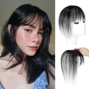 EINAEY Hair Topper with Bangs, 100% Human Hair 360 Coverage Natural Black Clip in Hairpiece for Women, Natural Seamless Blend with Invisible Clips for Women Girls Daily Wear