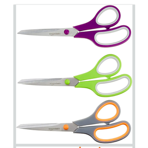 Amazon Basics Stainless Steel Scissors for Office, Crafts, Multipurpose, Sharp, Comfort Grip, PVD Coated, 3 Pack, Multicolor
