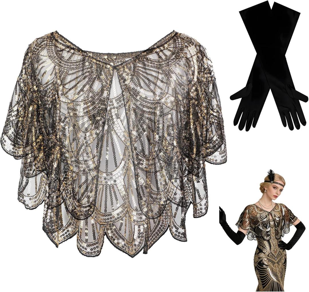 CHIC DIARY Women's 1920s Shawl Sequin Shawls and Wraps Lace Flapper Cape and Black Gloves for Party Evening Dress (Black), One Size