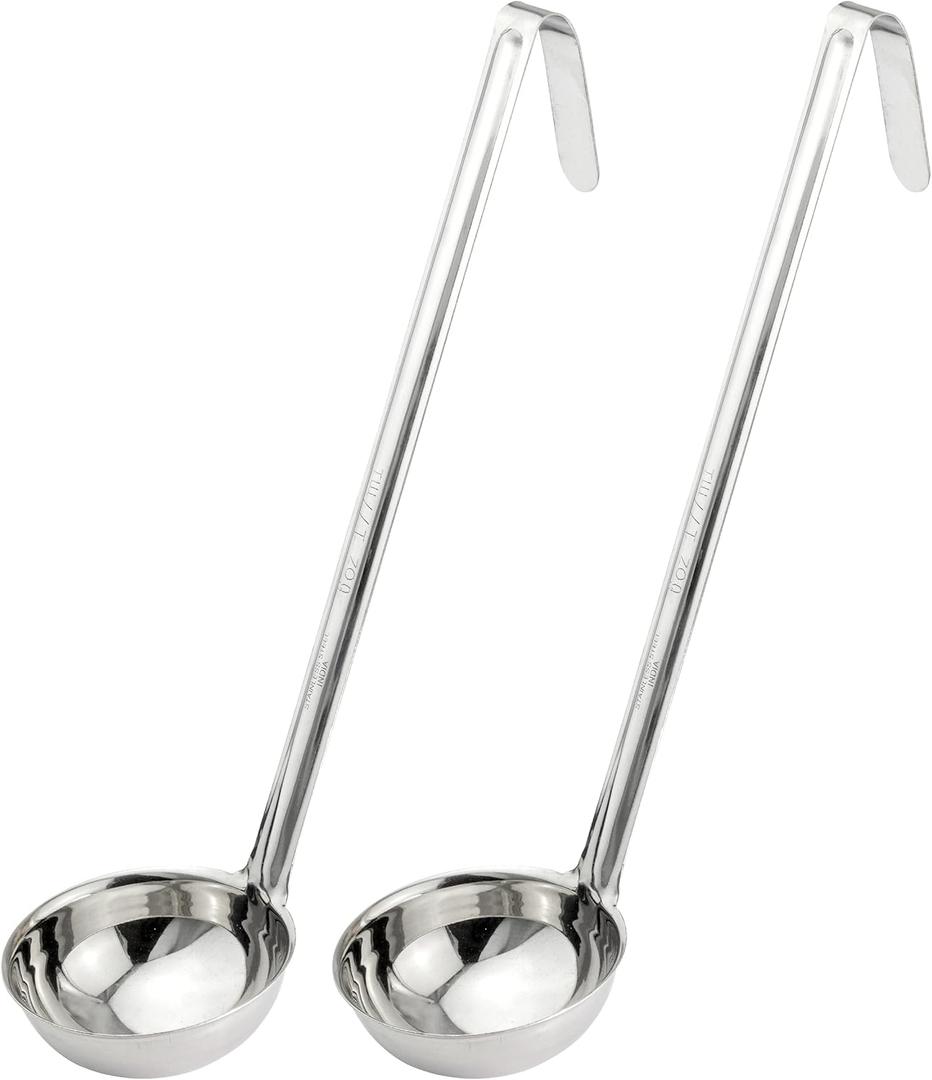 Fit Meal Prep [2 Pack] Stainless Steel Soup Ladle - One-Piece Sauce Spatula with Hook Handles, Commercial Grade Serving Spoon, Kitchen Tool for Restaurant or Home Cooking, Mirror Finish, 14.25" Long (6 oz)