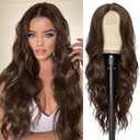 NAYOO Long Dark Brown Wavy Wig for Women 26 Inch Middle Part Curly Wavy Wig Natural Looking Synthetic Heat Resistant Fiber for Daily Party Use (Dark Brown)