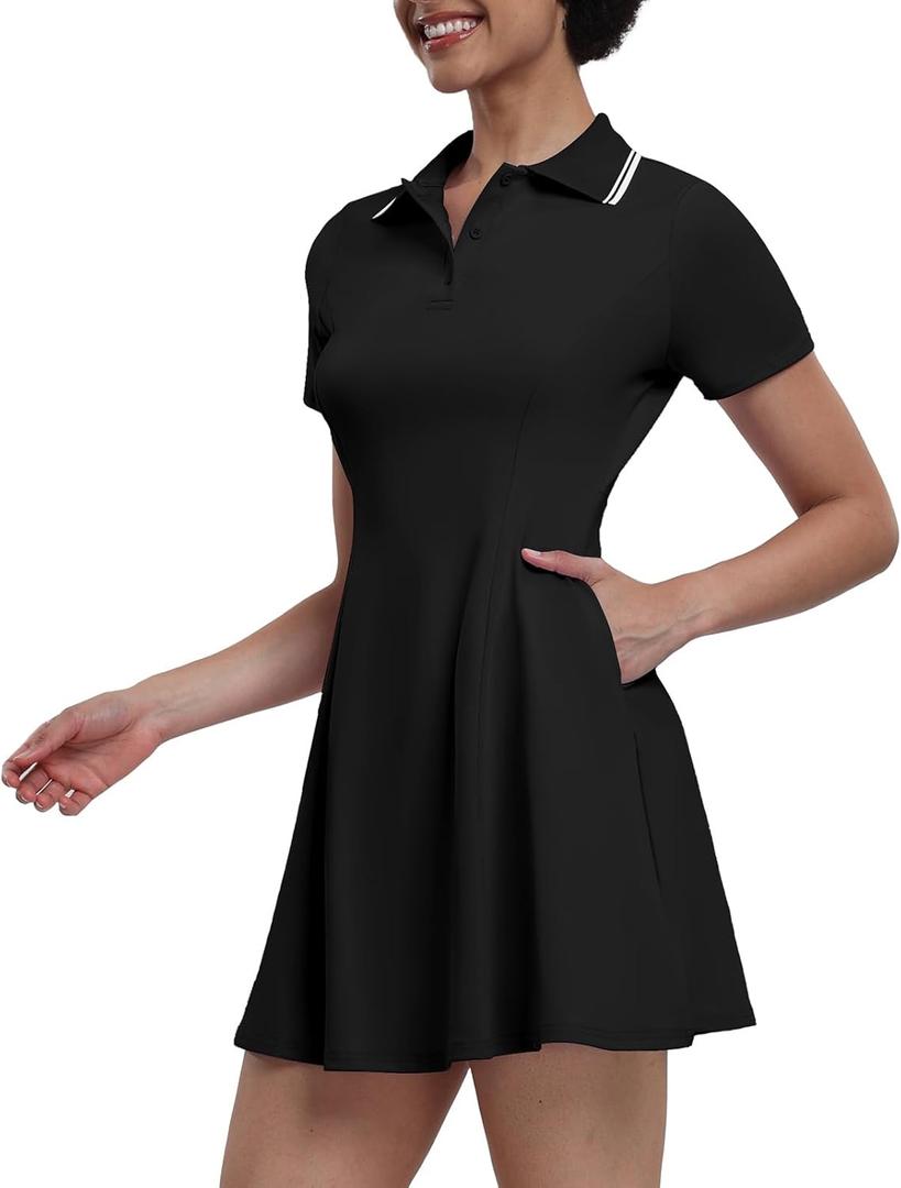 Womens Tennis Dresses Golf Dress Short Sleeve with Shorts Workout Athletic Dress (Large, 10 Black)