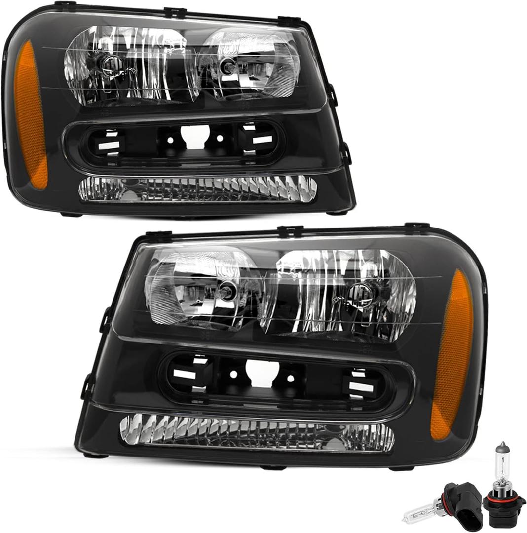 JSBOYAT Headlight Assembly with Bulbs Replacement for 2002-2009 Chevy Trailblazer Passenger and Driver Side, Black Housing with Amber Reflector