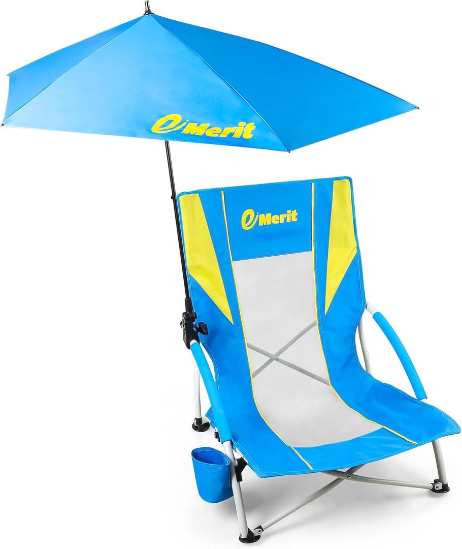 EMERIT Low Beach Chairs for Adults with Removable UPF 50+ Umbrella, Lightweight Folding Backpack Camping Chair with Cup Holder, Portable Sand Chair for Beach, Picnic, Lawn, Single Pack
