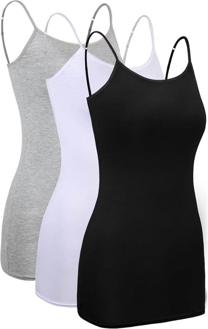 WILLBOND 3 Pieces Women Basic Long Tanks Adjustable Spaghetti Strap Camisole Top (XX-Large, Grey, White and Black)