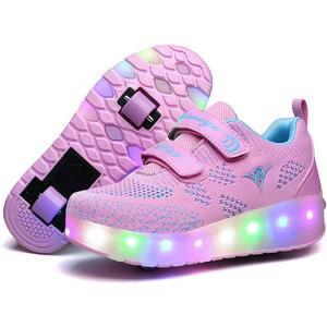 Nsasy Kids Roller Shoes Boy Girl Sneakers with Wheels Become Sport Sneaker with Led for Christmas Birthday Children Show Gift (13 Little Kid, 159-pink-double)